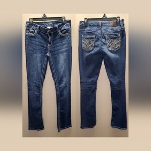 ​Vintage Y2K Maurices Jeans 7/8 Long Thick Stitch Embroidered Pockets McBling​2